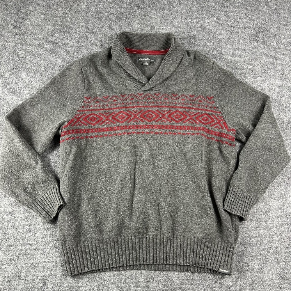 Eddie Bauer Sweater‎ Mens 2XL Gray Red Wool Blend Shawl Collar Fair Isle
